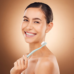 Image showing Woman, toothbrush and smile in studio portrait for wellness, self care and beauty by gradient background. Happy healthcare model, dental health and toothpaste for mouth hygiene, cleaning and teeth