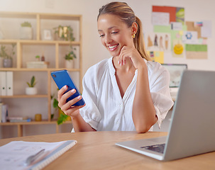 Image showing Phone, happy and search with woman in office for social media news, networking and connection. Internet, technology and planning with female reading for contact, communication and browsing online