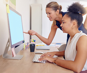 Image showing Manager, negative feedback and a business woman using a computer to work on a project in the office. Supervisor, review and an unhappy or confused boss talking to an employee about underperformance