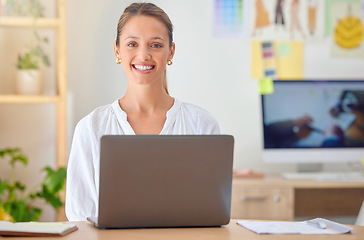 Image showing Office, happy woman portrait and laptop of a fashion designer and stylist with a smile. Website, digital ecommerce analytics and design research of a young person working on style business app