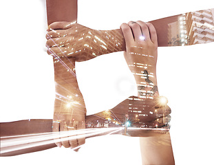 Image showing Hands, link and team with connection and support, city overlay and double exposure on white background. Collaboration, trust and urban with people in studio, together and solidarity with diversity