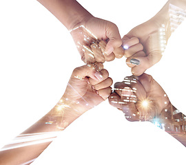 Image showing Hands, fist bump and team, together and support with city overlay and double exposure on white background. Collaboration, trust and people united in studio, connection and solidarity with diversity