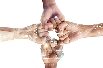 Image showing Hands, fist bump and team with connection and support, city overlay and double exposure on white background. Collaboration, trust and people united in studio, together and solidarity with diversity