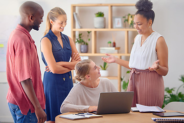 Image showing Business people, startup meeting and woman with laptop in office with planning, question or teamwork. Group, diversity and support for black man, women or happiness for proposal, solution or strategy