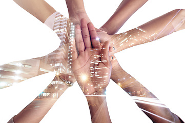 Image showing Hands, together and team, connection and support, city overlay and double exposure on white background. Collaboration, trust and people in studio with low angle, unity and solidarity with diversity