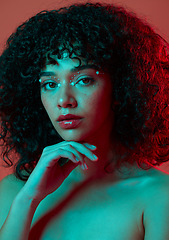 Image showing Woman, face and beauty with art in portrait, makeup and aesthetic with neon light on studio background. Creativity, fashion with female and pearl design around eyes, cosmetics and cosmetology