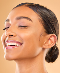 Image showing Beauty face, skin and smile of woman in studio for skincare, cosmetics, dermatology or makeup. Aesthetic female .headshot for self care, natural skin and spa facial shine results on brown background