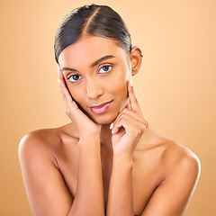 Image showing Skincare, face portrait and beauty of woman in studio isolated on a brown background. Makeup, cosmetics and happy Indian female model with spa facial treatment for healthy, glow or flawless skin.