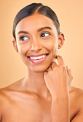 Image showing Beauty, skin care and smile of woman in studio for glow, cosmetics, dermatology or makeup. Aesthetic female .thinking about self love, natural face and spa facial shine results on a brown background