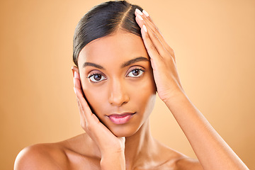 Image showing Skincare, face portrait and beauty of woman in studio isolated on brown background. Natural makeup, cosmetics and confident Indian female model with spa facial treatment for healthy or flawless skin.