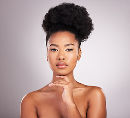 Image showing Skincare, beauty and face, portrait black woman with confidence, white background and salon cosmetics. Health, dermatology and natural makeup, African model in studio for healthy skin and wellness.