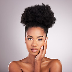 Image showing Skincare, dermatology and portrait black woman with beauty, white background and salon cosmetics. Health, luxury and natural makeup, African model in studio for healthy skin care and spa wellness.