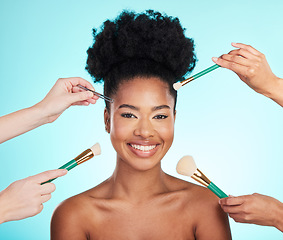 Image showing Makeup, brush in hands and portrait of black woman for beauty, cosmetics and facial on blue background. Salon, face cosmetology and happy girl for foundation tools, skincare and dermatology in studio