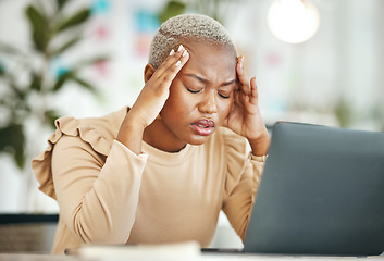 Image showing Office headache, laptop or black woman tired of computer error, database crash or mental health stress. Mistake, 404 glitch or sad female accountant with migraine, pain or burnout problem