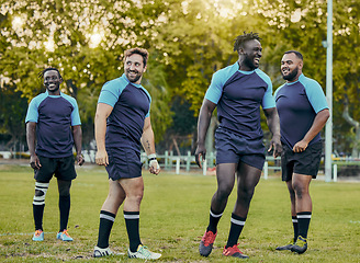 Image showing Rugby, men on team and diversity on field, sports and strong athlete group outdoor with fitness and muscle. Professional players, sport club and exercise with training for match, happy and teamwork