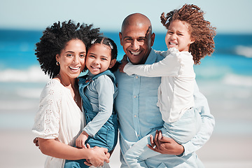 Image showing Family, smile and portrait at beach on vacation, bonding and care at seashore outdoors. Holiday relax, summer ocean and happy father, mother and kids, girls or children enjoying quality time together