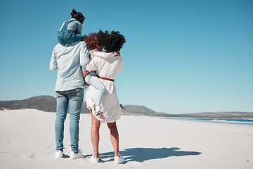 Image showing Family, back view and piggyback at beach on vacation, bonding and care at seashore. Holiday relax, summer ocean and father, mother and kids, girls or children enjoying quality time together on mockup