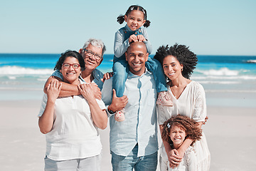 Image showing Big family, smile and portrait at beach on vacation, bonding and care with piggyback. Holiday relax, summer ocean and happy father, mother and children, girls or grandparents enjoying time together.