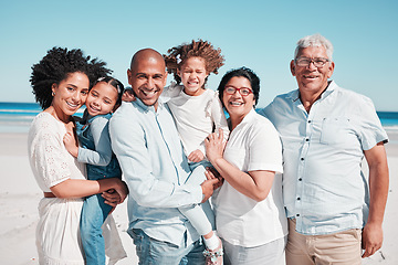 Image showing Parents, kids and grandparents in beach portrait on walk, freedom and vacation together with love. Old man, woman and grandchildren by ocean for happiness, wellness and adventure on holiday in summer