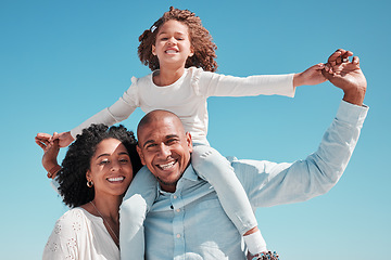 Image showing Smile, family and piggyback portrait on blue sky on vacation, bonding and care outdoors. Holiday relax, summer and happy father, mother and kid or girl enjoying quality time and playing together.