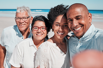 Image showing Big family, smile and selfie portrait at beach on vacation, bonding and care at seashore. Holiday relax, summer ocean and couple with grandparents taking pictures for social media and happy memory.