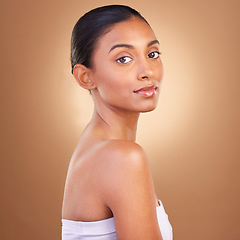 Image showing Beauty, makeup and portrait of Indian woman for skincare, healthy skin and facial treatment in studio. Dermatology, luxury spa mockup and face of happy girl with wellness, cosmetics and confidence