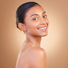 Image showing Skincare, beauty and portrait of Indian woman with smile for wellness, healthy skin or facial treatment in studio. Dermatology, luxury spa and face of happy girl with makeup, cosmetics and confidence