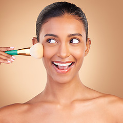 Image showing Makeup brush, smile and woman with natural beauty, wellness and happiness from cosmetics. Facial skin glow, happy and cosmetic, artist and face tool of a young female model with self care in a studio