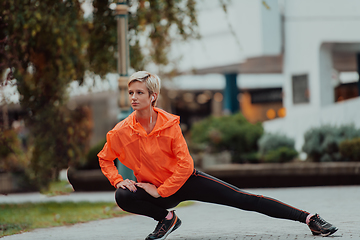 Image showing Fit attractive woman in sportswear stretching one leg before jogging on the footpath outdoor in summer among greenery. Workout, sport, activity, fitness, vacation and training concept.