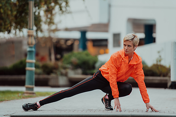 Image showing Fit attractive woman in sportswear stretching one leg before jogging on the footpath outdoor in summer among greenery. Workout, sport, activity, fitness, vacation and training concept.