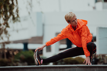 Image showing Fit attractive woman in sportswear stretching one leg before jogging on the footpath outdoor in summer among greenery. Workout, sport, activity, fitness, vacation and training concept.