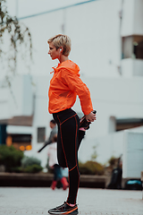 Image showing Fit attractive woman in sportswear stretching one leg before jogging on the footpath outdoor in summer among greenery. Workout, sport, activity, fitness, vacation and training concept.