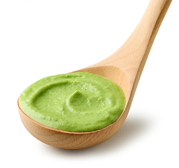 Image showing green vegetable puree in wooden ladle