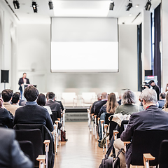 Image showing Speaker giving a talk in conference hall at business event. Rear view of unrecognizable people in audience at the conference hall. Business and entrepreneurship concept.