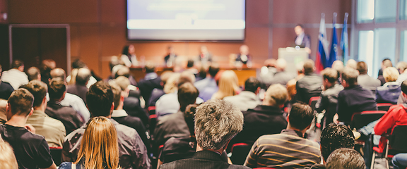 Image showing Business speaker giving a talk at business conference event.