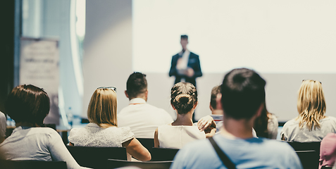 Image showing Male business speaker giving a talk at business conference event.