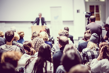 Image showing Business speaker giving a talk at business conference event.