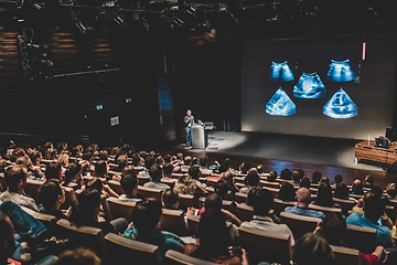 Image showing Business speaker giving a talk in conference hall.