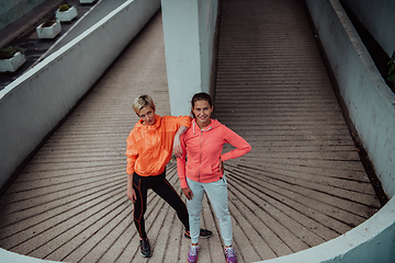 Image showing Two lgbt woman resting after a hard training in an urban environment