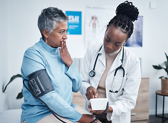 Image showing Doctor, elderly woman and surprise for blood pressure reading with wellness, advice and conversation. African medic, senior client and shock face for health, cardiology and results in clinic office