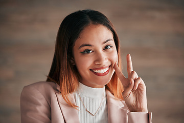 Image showing Happy woman, face and portrait smile with peace sign in joy for business career, job or fun occupation on mockup. Beautiful female smiling with hand sign, emoji or peaceful symbol on copy space