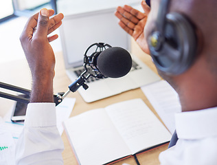 Image showing Laptop, headphones and black man with microphone for podcast, video call or live streaming in office. Business, marketing and entrepreneur or influencer with mic for content creation or radio host.