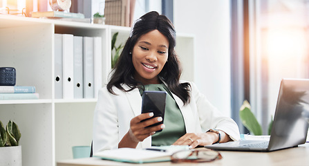 Image showing Phone, office and business black woman or hr manager reading happy web post, company social media and mobile app. Worker, employee or Human Resources person, recruitment tech and cellphone networking