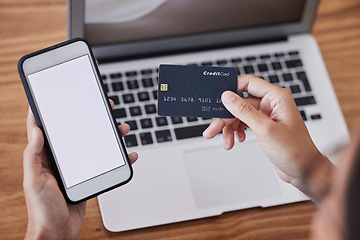 Image showing Hands, credit card and phone mockup for ecommerce, purchase or electronic transaction at office desk. Hand of shopper holding mobile smartphone display for internet banking, app or online shopping
