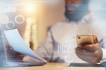 Image showing Businessman, hands and phone with document at night for corporate data, statistics or analytics at the office. Hand of black man working late on company finance or budget with smartphone on overlay