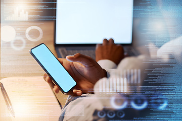 Image showing Businessman, phone and hands on laptop in analytics at night for corporate data or statistics on mockup screen. Hand of man working late on smartphone or computer display for app analysis on overlay