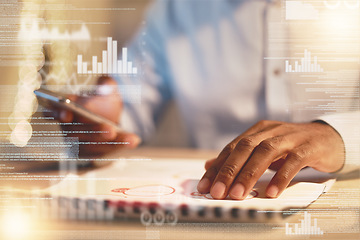 Image showing Businessman, phone and hands in analytics at night for corporate chart, graph or statistics on dashboard at office. Hand of man working late on mobile smartphone and company analysis on data overlay