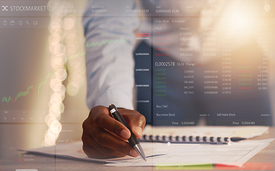 Image showing Businessman, hands and writing at night on stock market analysis, finance or cryptocurrency on office desk. Hand of man in financial trading analytics or investing working late with dashboard overlay