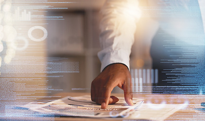 Image showing Businessman, hands and document at night for reading, paperwork or planning strategy on office desk. Hand of man working late pointing on paper for project plan, idea or information on data overlay