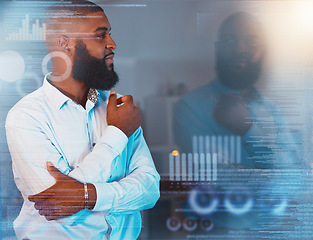 Image showing Black man, thinking and planning business strategy, idea or decision making in window reflection at night office. African businessman contemplating project plan or statistics late on data overlay